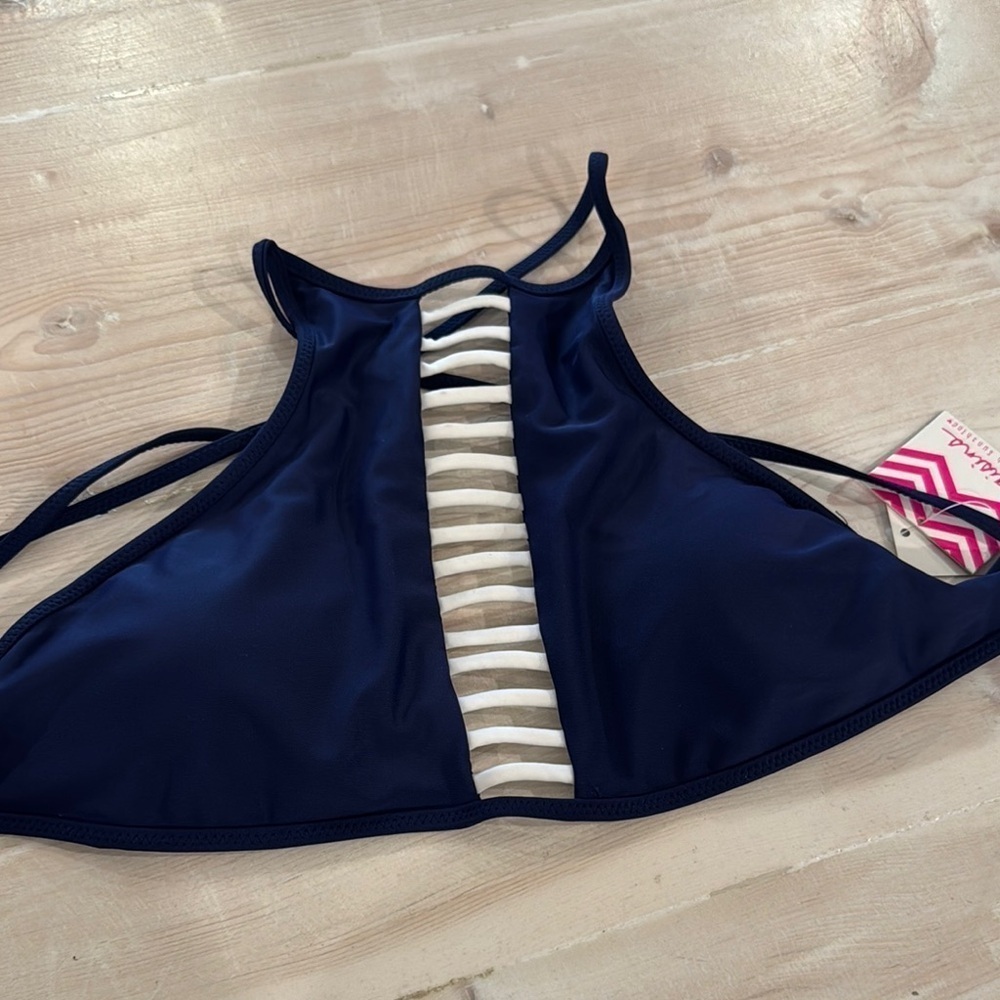 Navy High Neck Bikini Top with Strappy Detail - Picture 2 of 3